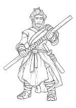 Line drawing of Ash in robes, staff held in two hands, sword sheathed at his side