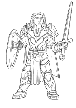 Line drawing of Bally in plate armour, sword and shield held ready to defend or attack