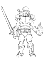 Line drawing of Jorin in plate armour, sword in one hand and flaming fist in the other