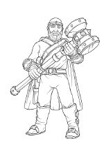 Line drawing of Martmaal in leather armour, huge two handed mace held ready