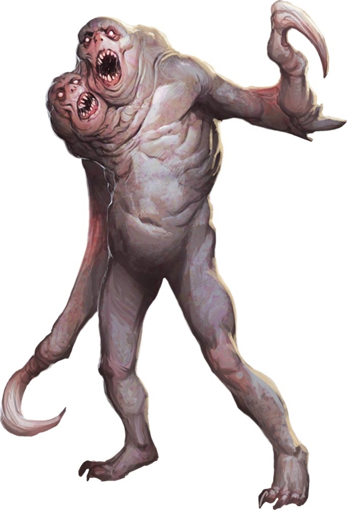 A humanoid mound of flesh with two heads and arms that end with ravenous hooks