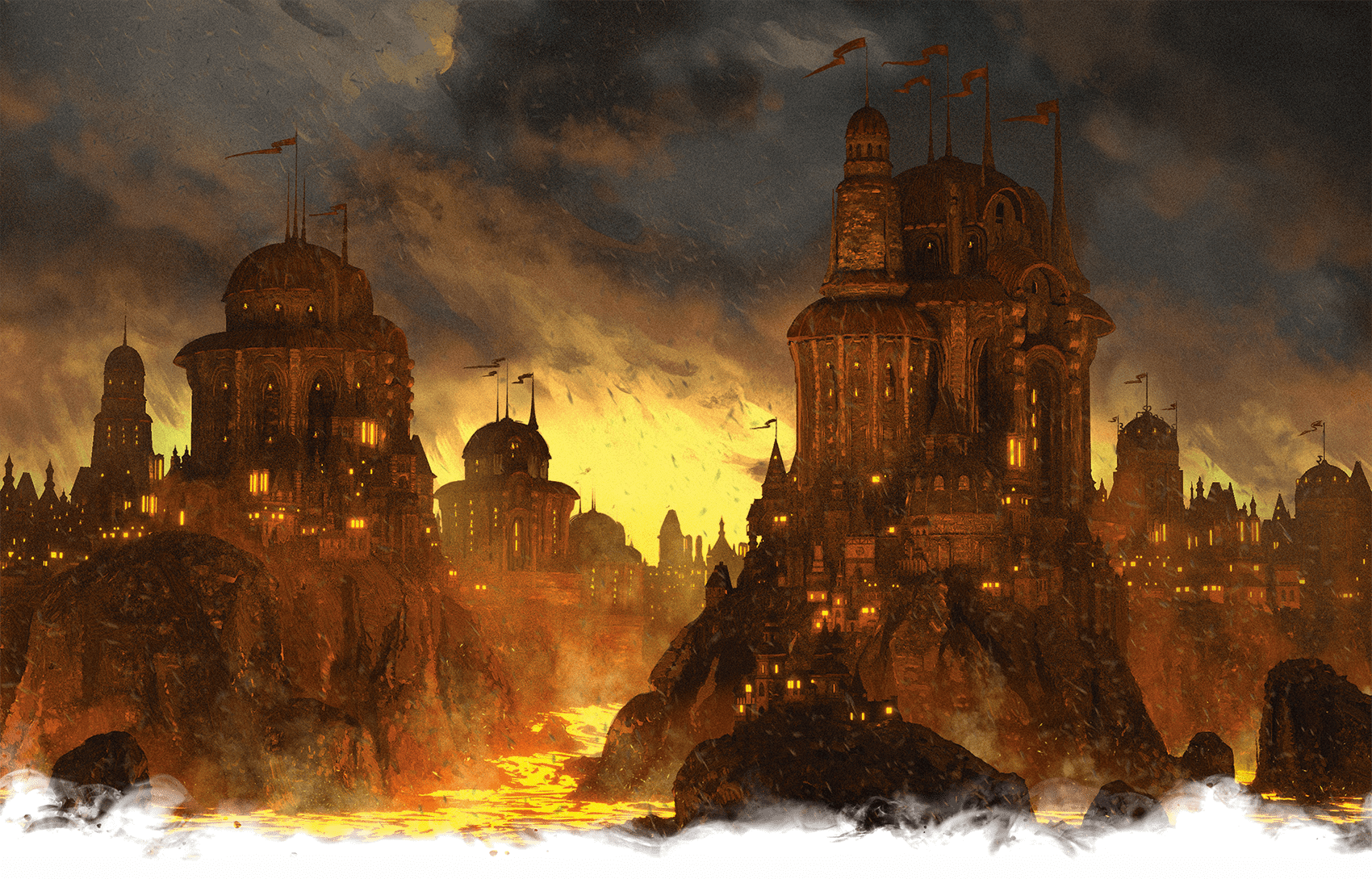 A red sky hangs over a shadowy city bisected by a river of lava