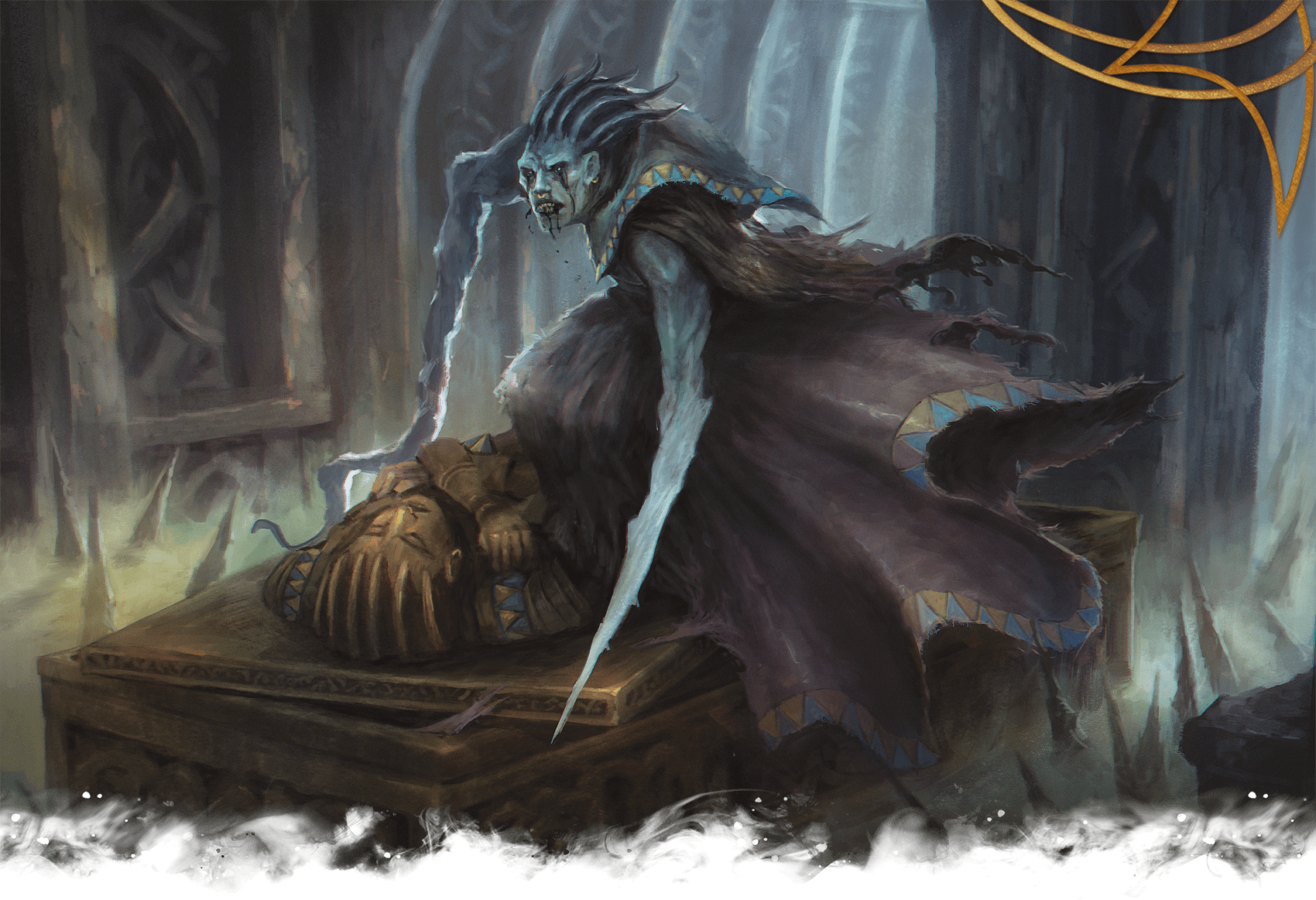 A humanoid with pale blue skin in a flowing dress crouches on a tomb. Her two elongated arms are tipped with razor sharp edges