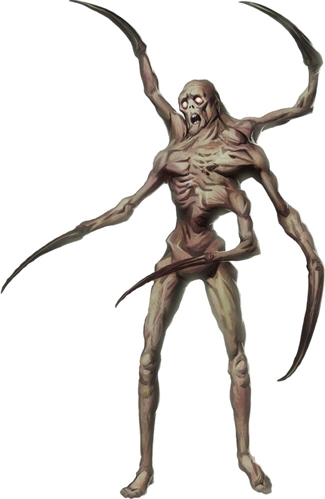 A humanoid flesh creature with a shrivelled body and five arms each ending in a spike