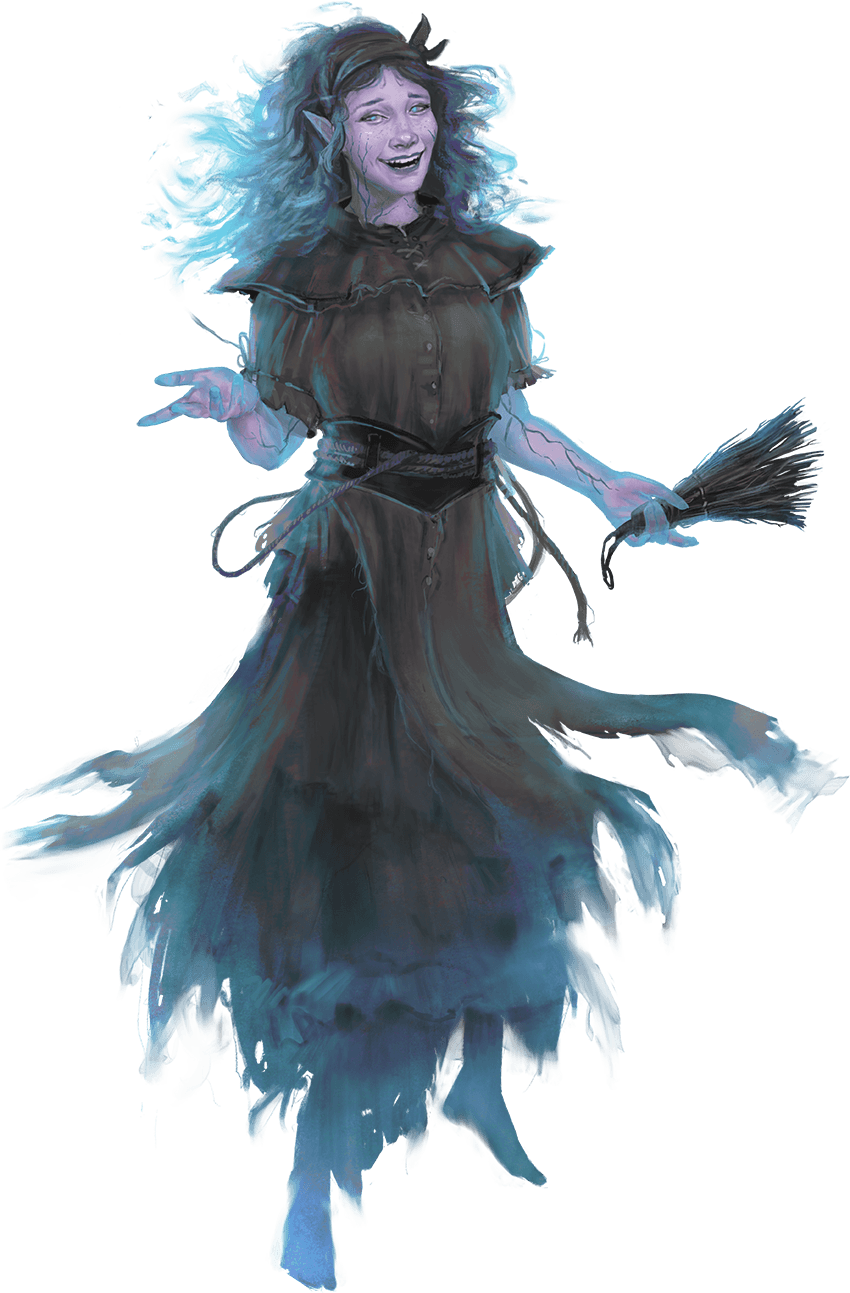 A smiling ghostly female elf with brown worker's robes, holding a brush made of twigs