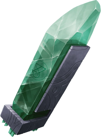 A large green crystal etched with arcane symbols held in a metallic base