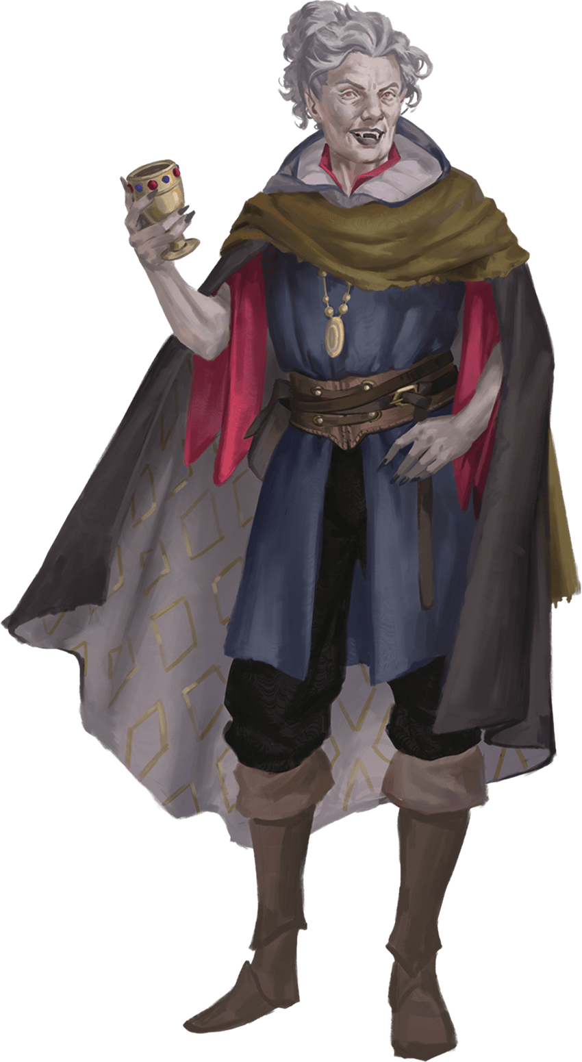 A older vampire woman with snow-white hair in a bun, wearing an impressive cloak, holding a golden goblet, and wearing a smile that reveals her fangs